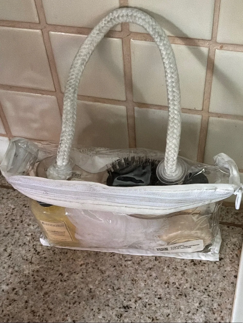 Clear White Bath Kit with Conditioner, Soap, Hairbrush, Pouf